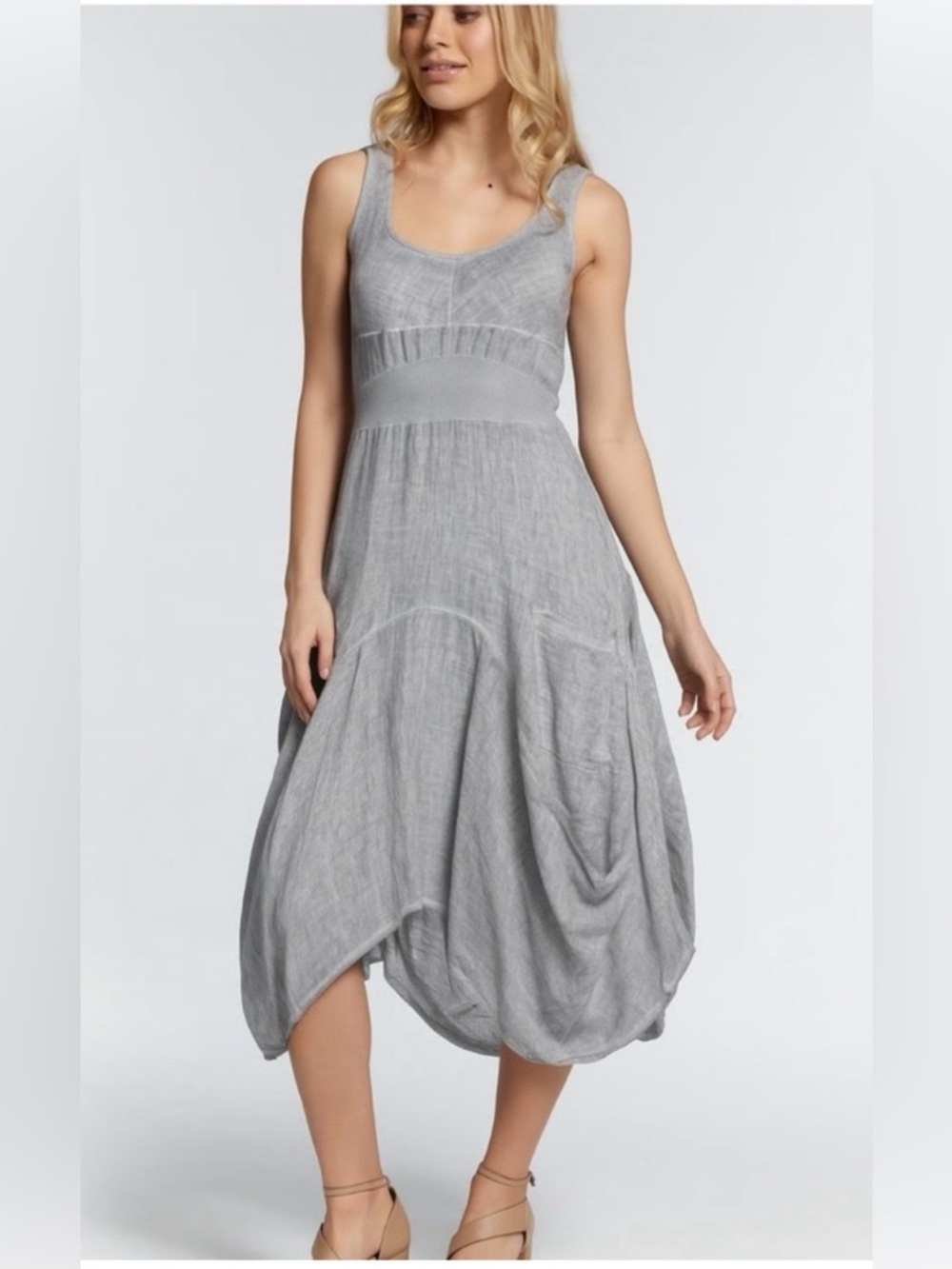 Inizio Italy Linen Magic Midi Dress Pockets Gray  Lagenlook  , S wearable art